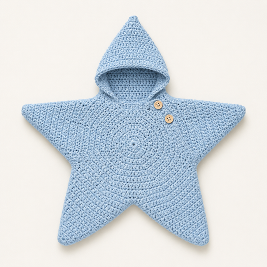 Hand-crocheted star baby wrap in Sky, flat lay