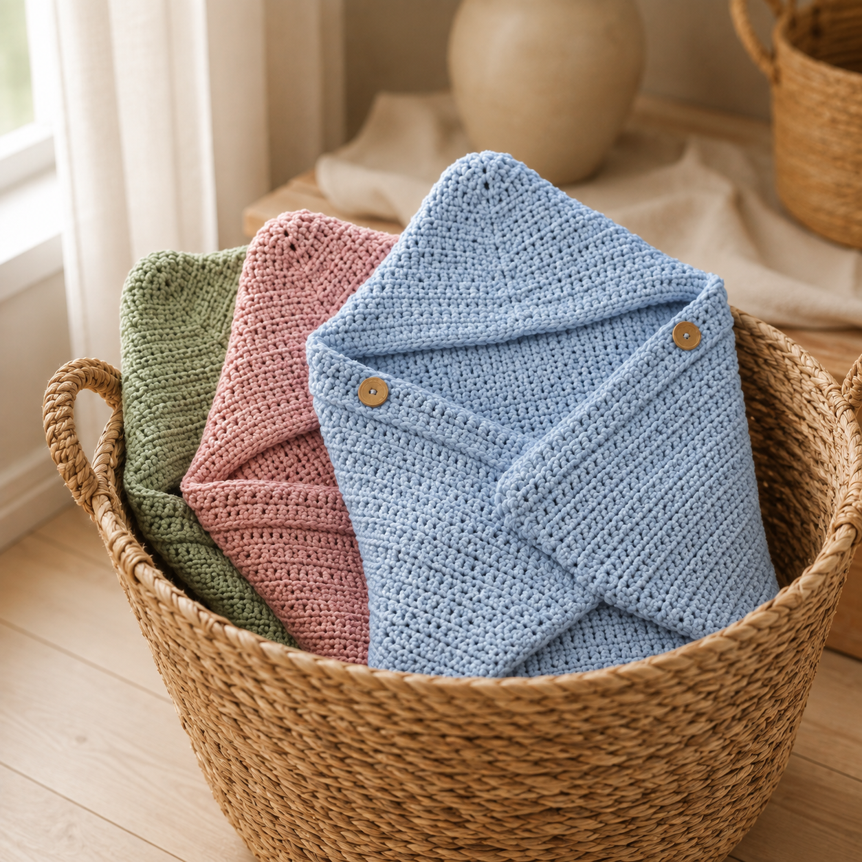 Three star baby wraps folded in a woven basket
