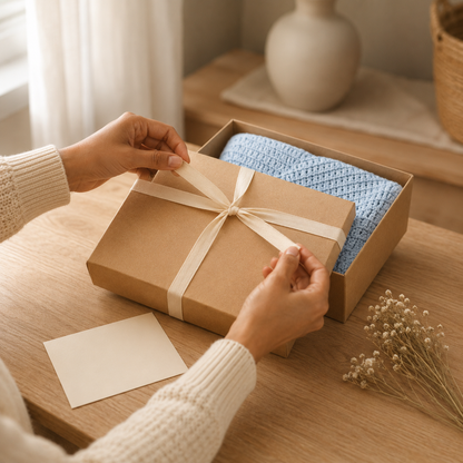 Tying a ribbon around a kraft gift box containing the wrap