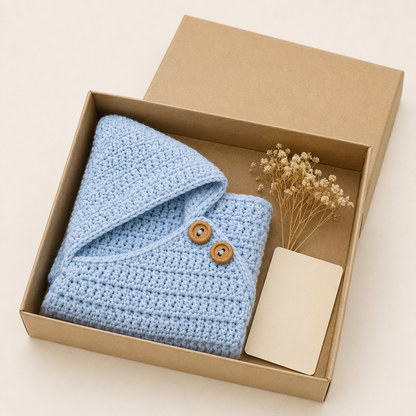 Star baby wrap folded in a kraft gift box with a blank card