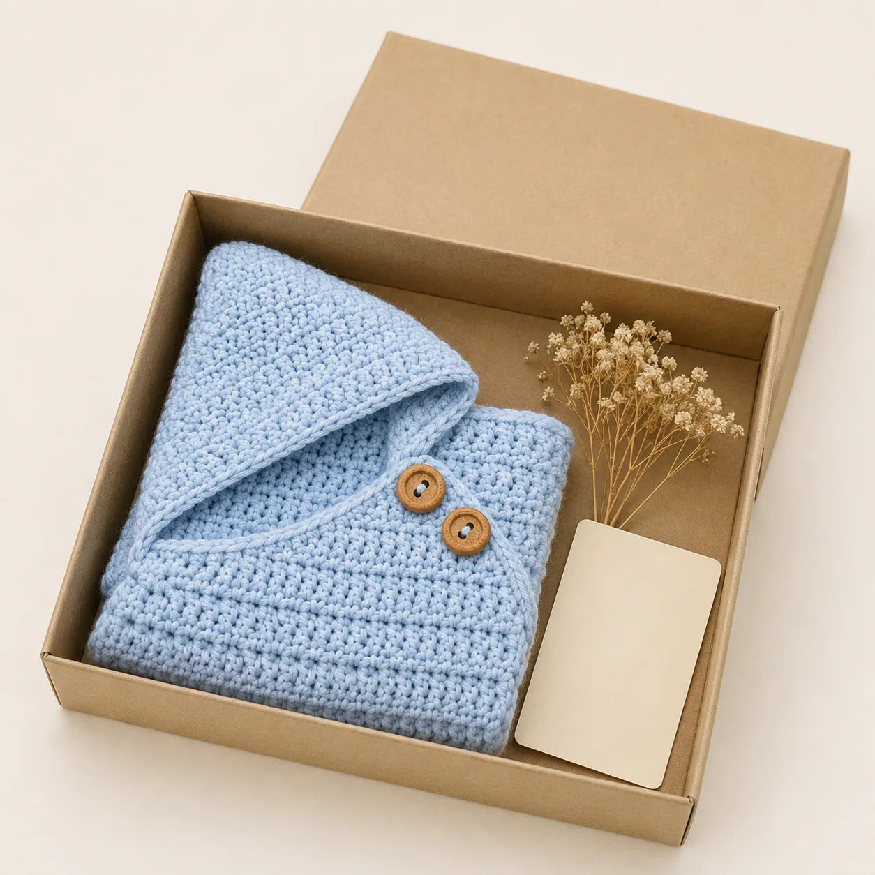 Star baby wrap folded in a kraft gift box with a blank card