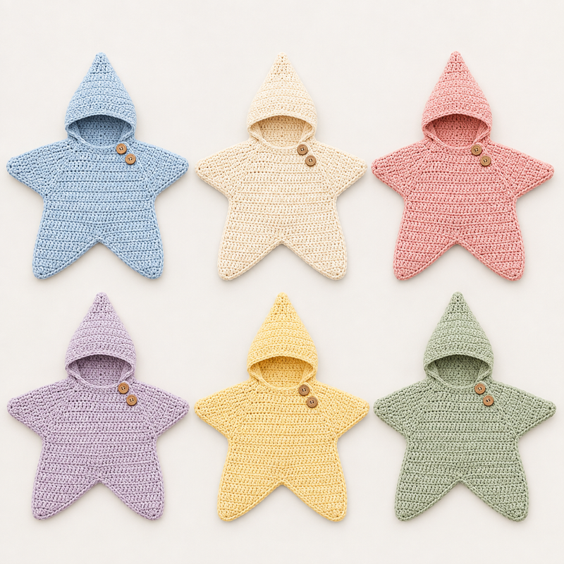 Hand-crocheted star baby wrap shown in all six colourways