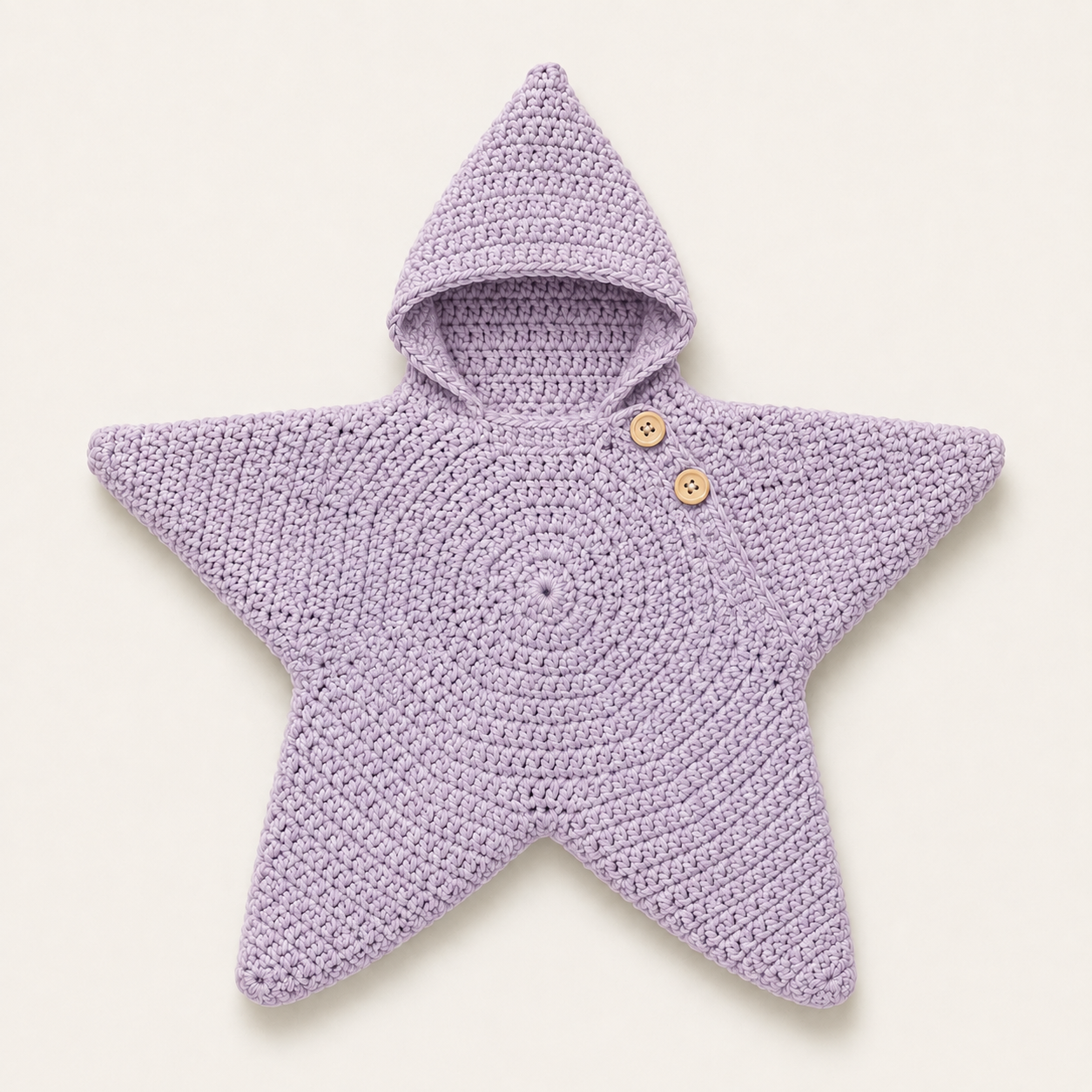 Hand-crocheted star baby wrap in Lavender, flat lay