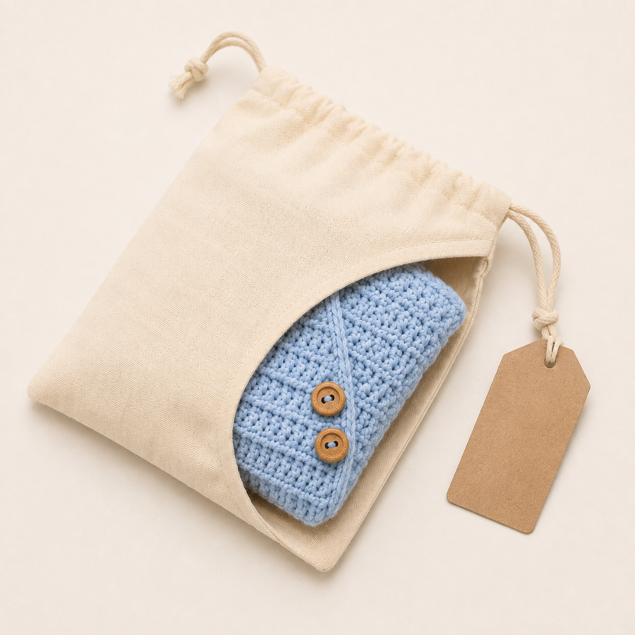 Star baby wrap in a cotton drawstring pouch with a kraft tag