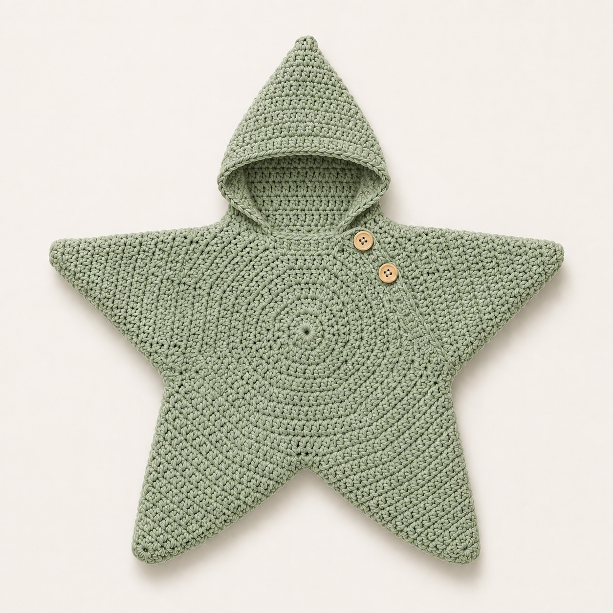 Hand-crocheted star baby wrap in Sage, flat lay