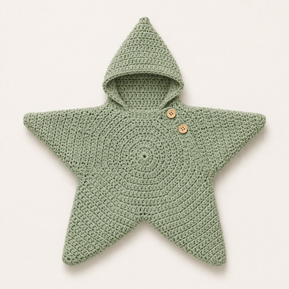 Hand-crocheted star baby wrap in Sage, flat lay