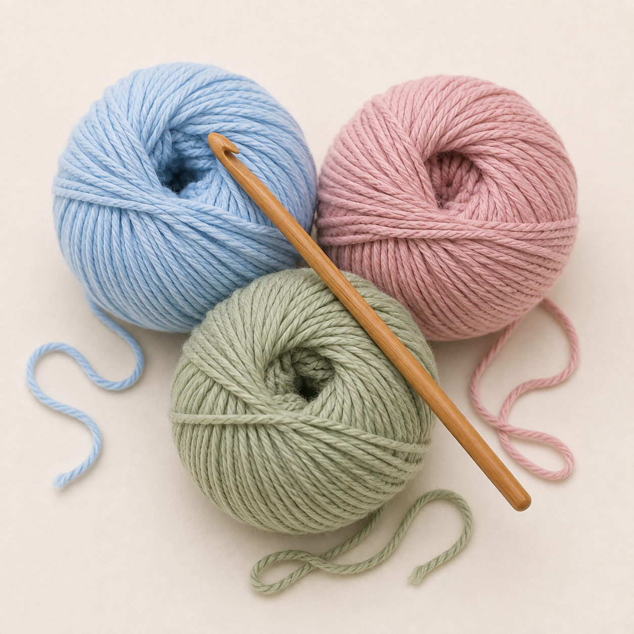 Cotton yarn in Sky, Blush and Sage with a wooden crochet hook