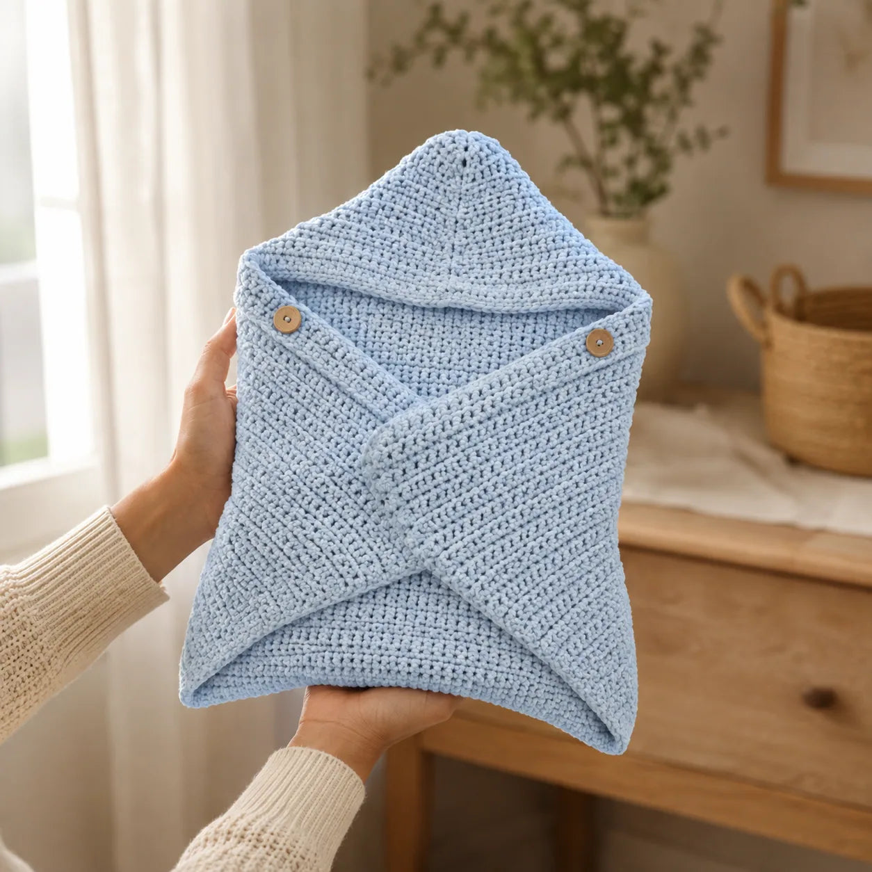 A hand-crocheted star baby wrap held in an adult’s hands