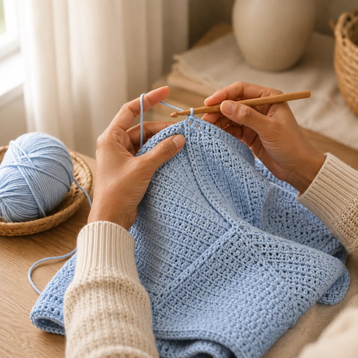 Artisan hands crocheting a star baby wrap with a wooden hook